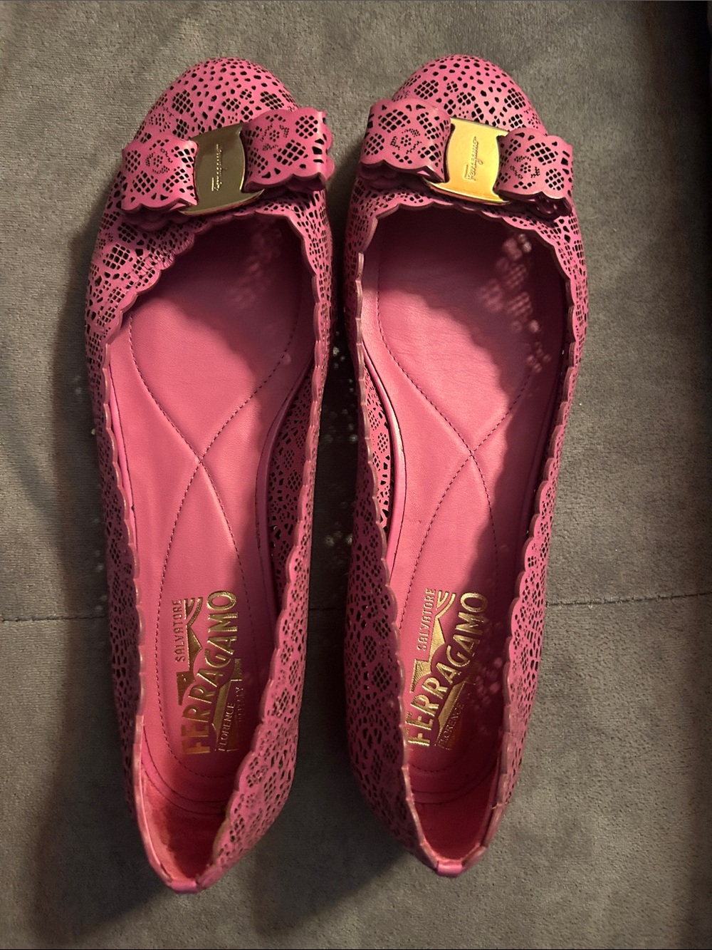 Salvatore Ferragamo Pink Laser-Cut Vara Bow Leather Flats